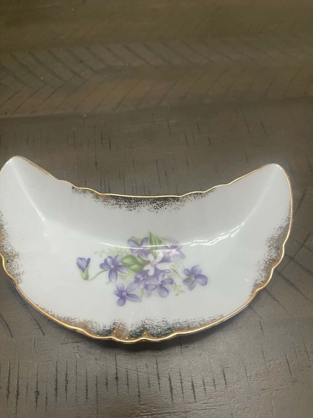 Vintage Japan Bone Dish Crescent Plate Violet Floral Gold Trim